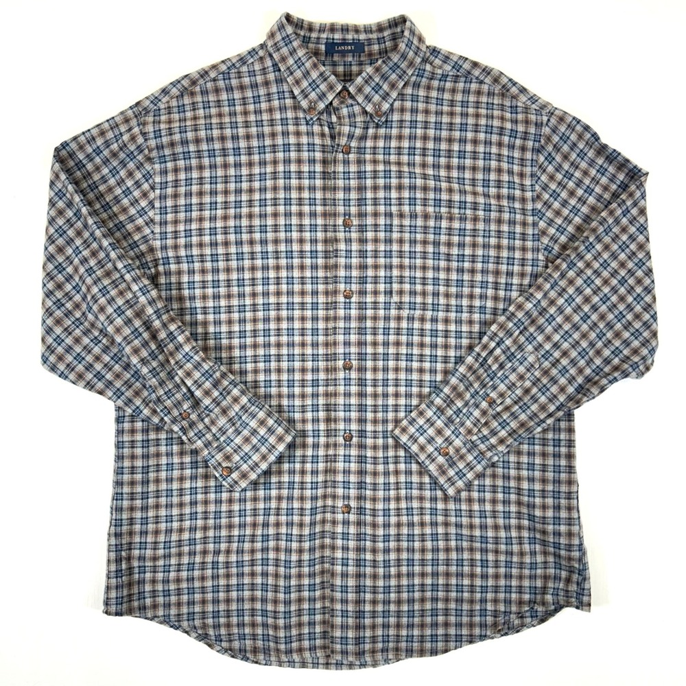VTG Pendleton Landry Plaid Button Down Shirt Mens XL Blue Grey Cotton Wool Blend